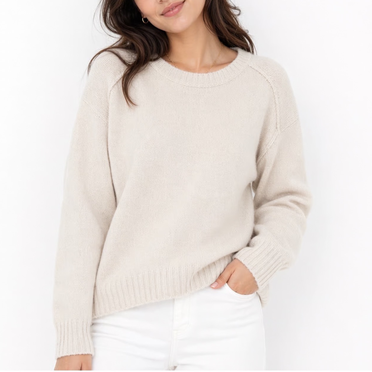 We The Free People Tunic Sweater Womens Medium Beige Stretch Ribbed Round Neck